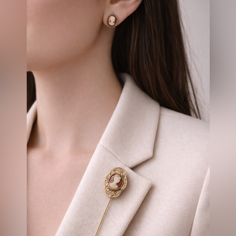 Vintage Cameo Lapel Pin & Stud Earring Set | Victorian Style